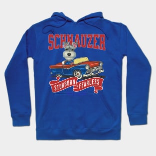 Humor funny cute schnauzer dog driving a classic retro vintage car with red white and blue flags Hoodie